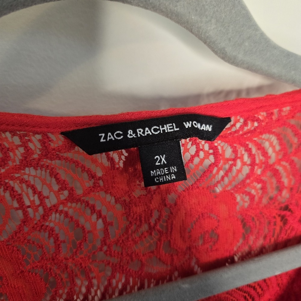 Red Lace Crochet Boho Blouse Top Shirt Plus 2XL Zac & Rachel 3/4 Balloon Sleeve - Picture 4 of 10
